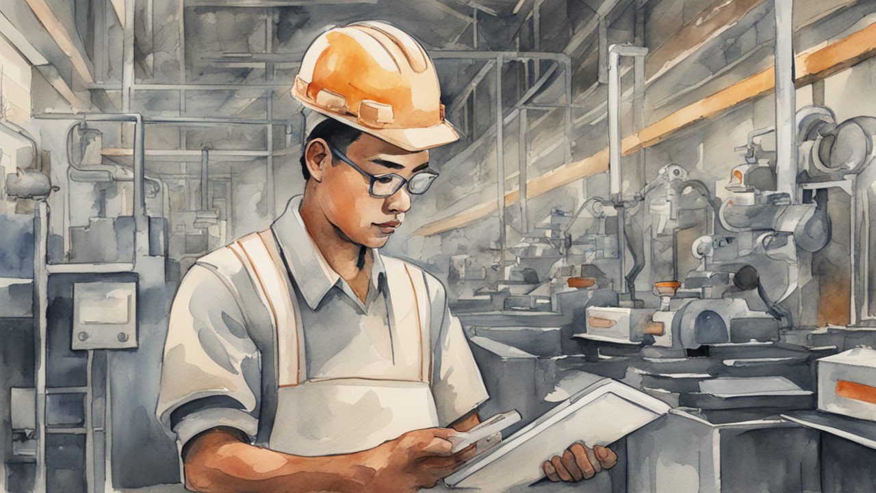 A factory worker uses a tablet to track production data. A factory worker uses a tablet to track production data.
