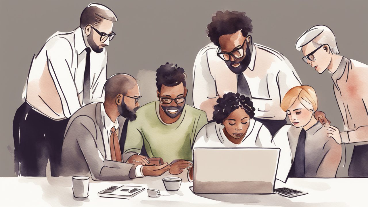 A group of diverse people gathered around a laptop, discussing marketing strategies.